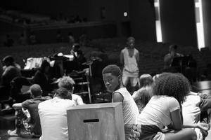 Primary view of object titled '[Students on stage during Congo Street rehearsal]'.