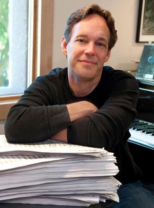 Primary view of object titled '[Jake Heggie with sheet music and piano, 2]'.