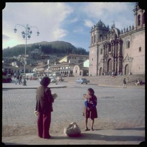 Primary view of object titled '[Two Women Near the Cusco Cathedral]'.