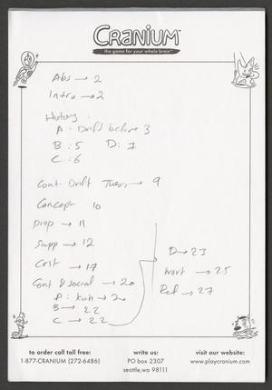 Image of a notepad with the Cranium game title at the top. Text underneath the title reads, the game for your whole brain. There are also illustrations related to the game printed in the corners of the notepad. Shorthand notes written in pencil cover the first page of the notepad.