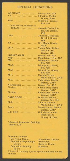 Reverso de la tarjeta Ubicación de las clasificaciones en la Biblioteca de la NTSU que enumera las ubicaciones especiales en las que se pueden encontrar materiales de la biblioteca, como archivos, cajas cerradas y libros raros.