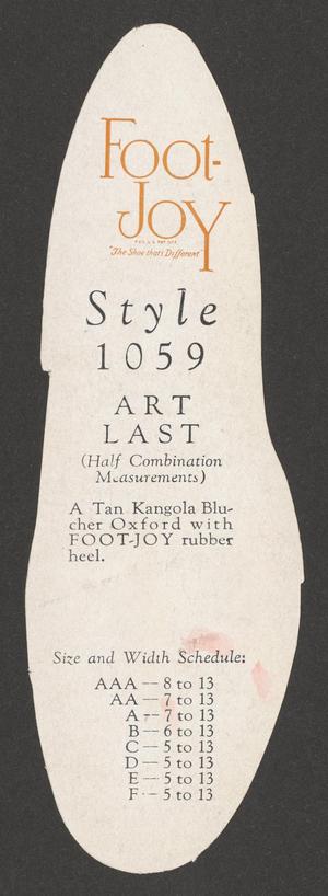 Reverso de la tarjeta de estilo de Foot Joy con el número de estilo del zapato, el nombre y la descripción que dice: "Un Kangola Blucher Oxford color canela con tacón de goma Foot-Joy".