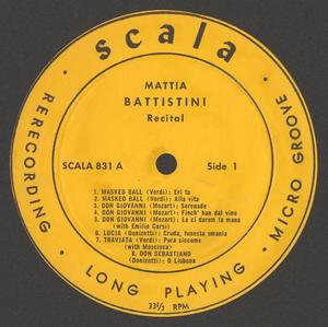 A Scala: Mattia Battistini Recital yellow vinyl record label with a list of the recorded songs in black text.