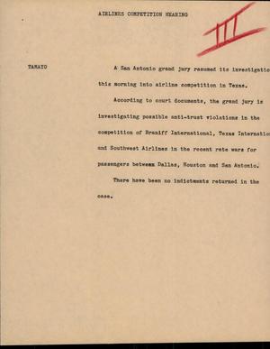 Primary view of object titled '[News Script: Airlines competition hearing]'.