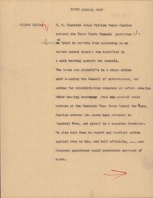 Primary view of object titled '[News Script: Youth council suit]'.