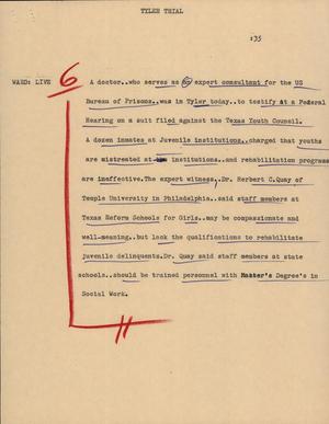 Primary view of object titled '[News Script: Tyler trail]'.
