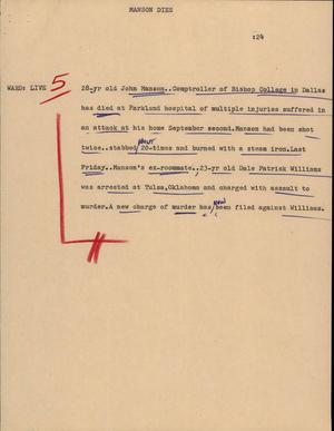 Primary view of object titled '[News Script: Manson Dies]'.
