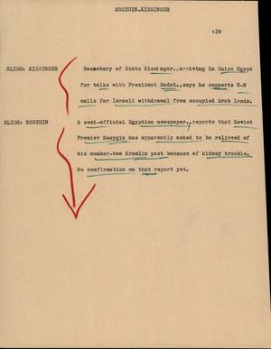 Primary view of object titled '[News Script: Kosygin Kissinger]'.