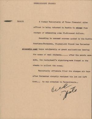 Primary view of object titled '[News Script: Embezzelment Charges]'.