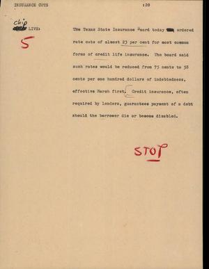 Primary view of object titled '[News Script: Insurance cuts]'.