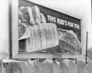 Primary view of object titled '[Billboard advertisement for Budweiser]'.