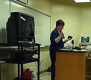 Primary view of object titled '[June Wade speaks at 2003 CPS training event]'.