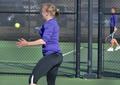 Primary view of [TCU player hits forehand during UNT match]