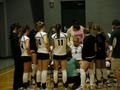 Primary view of [UNT volleyball team huddles during match]