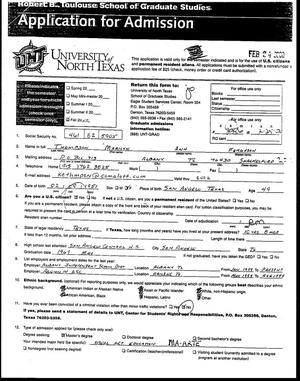 Primary view of object titled '[Admission Form for UNT]'.