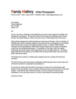 Primary view of object titled '[Query letter from Randy Mallory to Jill Lawless]'.
