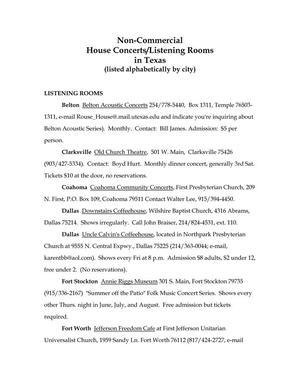 Primary view of object titled 'Non-Commercial House Concerts/Listening Rooms in Texas (listed alphabetically by city)'.