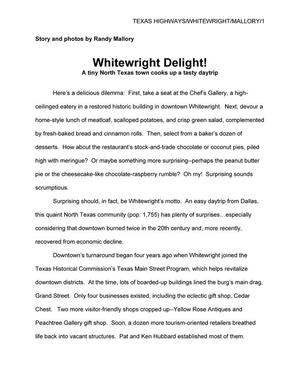 Primary view of object titled 'Whitewright Delight!: A tiny North Texas town cooks up a tasty daytrip'.