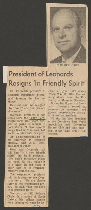 Primary view of object titled '[Clipping: President of Leonard's Resigns 'In Friendly Spirit]'.