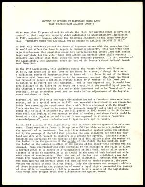 Primary view of object titled '"Account of Efforts to Eliminate Texas Laws that Discriminate Against Women"'.