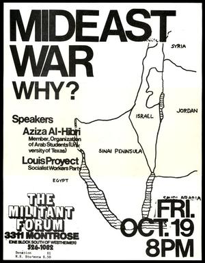Primary view of object titled 'Flyer for "Mideast War Why?" The Militant Forum'.