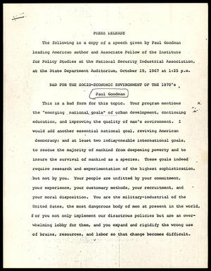 Primary view of object titled 'Press Release, copy of speech given by Paul Goodman'.