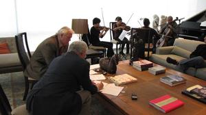 Primary view of object titled '[Bancroft String Quartet and WRR-FM meeting]'.