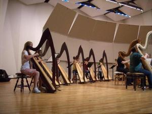 Primary view of object titled '[Two rows of harpists performing]'.