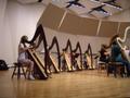 Thumbnail image of item number 1 in: '[Two rows of harpists performing]'.