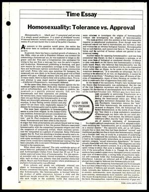 Primary view of object titled '[Clipping: Homosexuality: Tolerance vs. Approval]'.