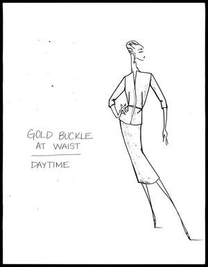 Primary view of object titled '[Sketch created by Michael Faircloth of a jacket and skirt set with a waist belt]'.