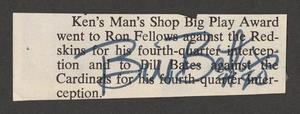 Primary view of object titled '[Ken's Man's Big Play Award clipping with Bill Bates autograph]'.