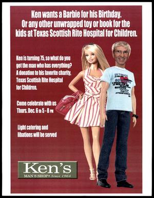 Primary view of object titled '[Advertisement for Ken's Toy and Book Drive benefiting Texas Scottish Rite Hospital for Children, December 6, 2012]'.