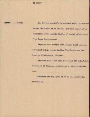 Primary view of object titled '[News Script: TI Theft]'.