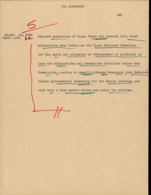 Primary view of object titled '[News Script: Oil allowable]'.