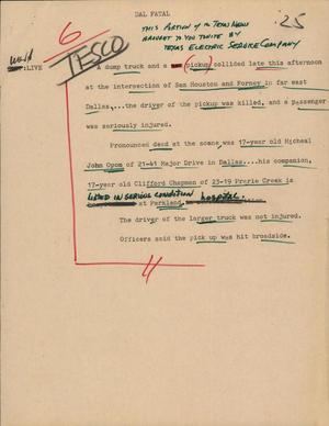 Primary view of object titled '[News Script: Dal Fatal]'.