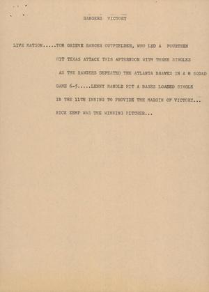 Primary view of object titled '[News Script: Rangers victory]'.