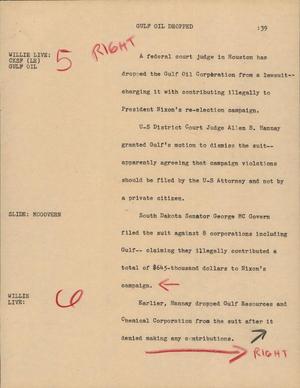 Primary view of object titled '[News Script: Gulf oil dropped]'.