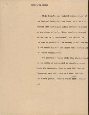 Primary view of object titled '[News Script: Newspaper strike]'.
