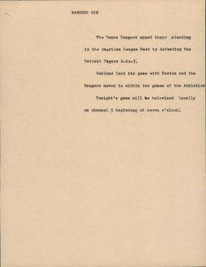 Primary view of object titled '[News Script: Rangers win]'.
