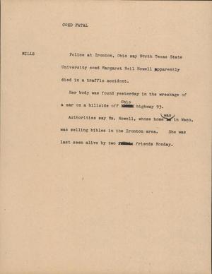 Primary view of object titled '[News Script: Coed fatal]'.