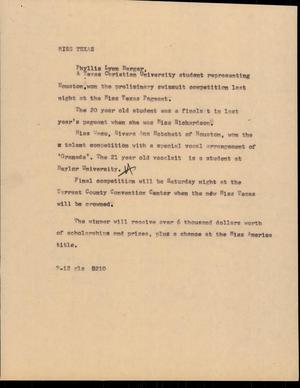 Primary view of object titled '[News Script: Miss Texas]'.