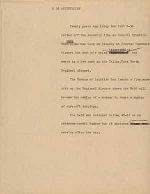 Primary view of object titled '[News Script: B 36 anniversary]'.