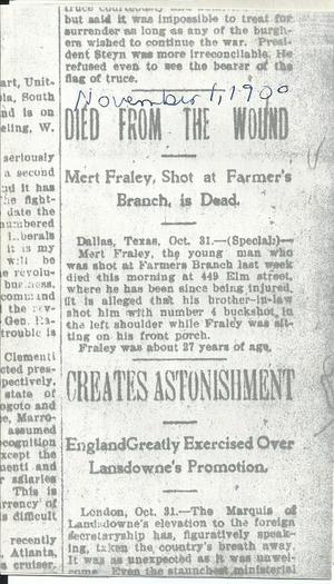 Primary view of object titled '[Newspaper notice of the murder of Perry Murt Witten Fralia]'.
