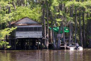 Primary view of object titled '[Lakeside Serenity: Wooden House on Caddo Lake]'.