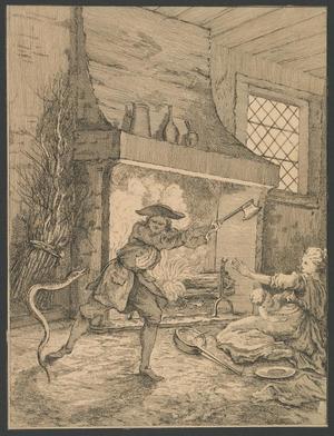 Primary view of [Man swinging an axe at a snake while his wife jumps back in surprise]