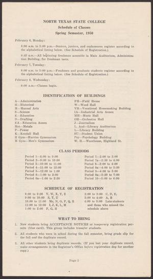 Primary view of object titled 'North Texas State College Schedule of Classes: Spring 1950'.