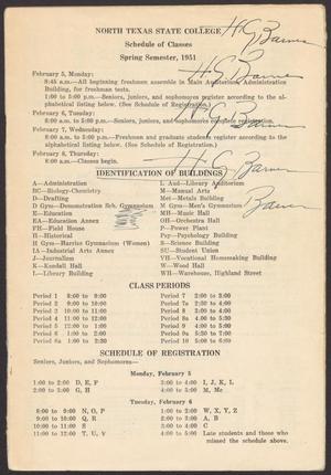 Primary view of object titled 'North Texas State College Schedule of Classes: Spring 1951'.