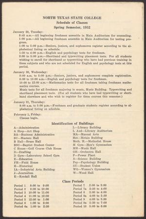 Primary view of object titled 'North Texas State College Schedule of Classes: Spring 1952'.