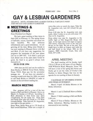 Primary view of object titled 'Gay and Lesbian Gardeners, Volume 2, Number 2, February 1994'.